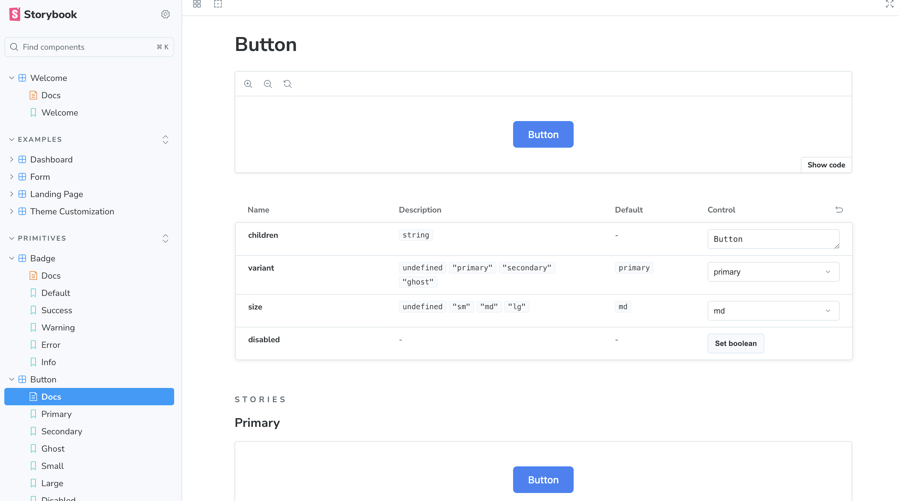 Screenshot of Design System Storybook