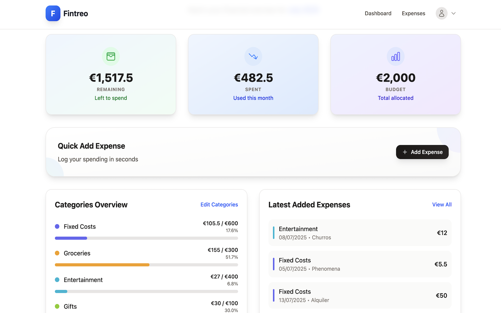 Screenshot of Fintreo app
